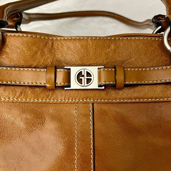 Vintage Gianni Bernini Glazed Leather Handbag Double Strap Caramel Brown Zipper - Picture 3 of 7